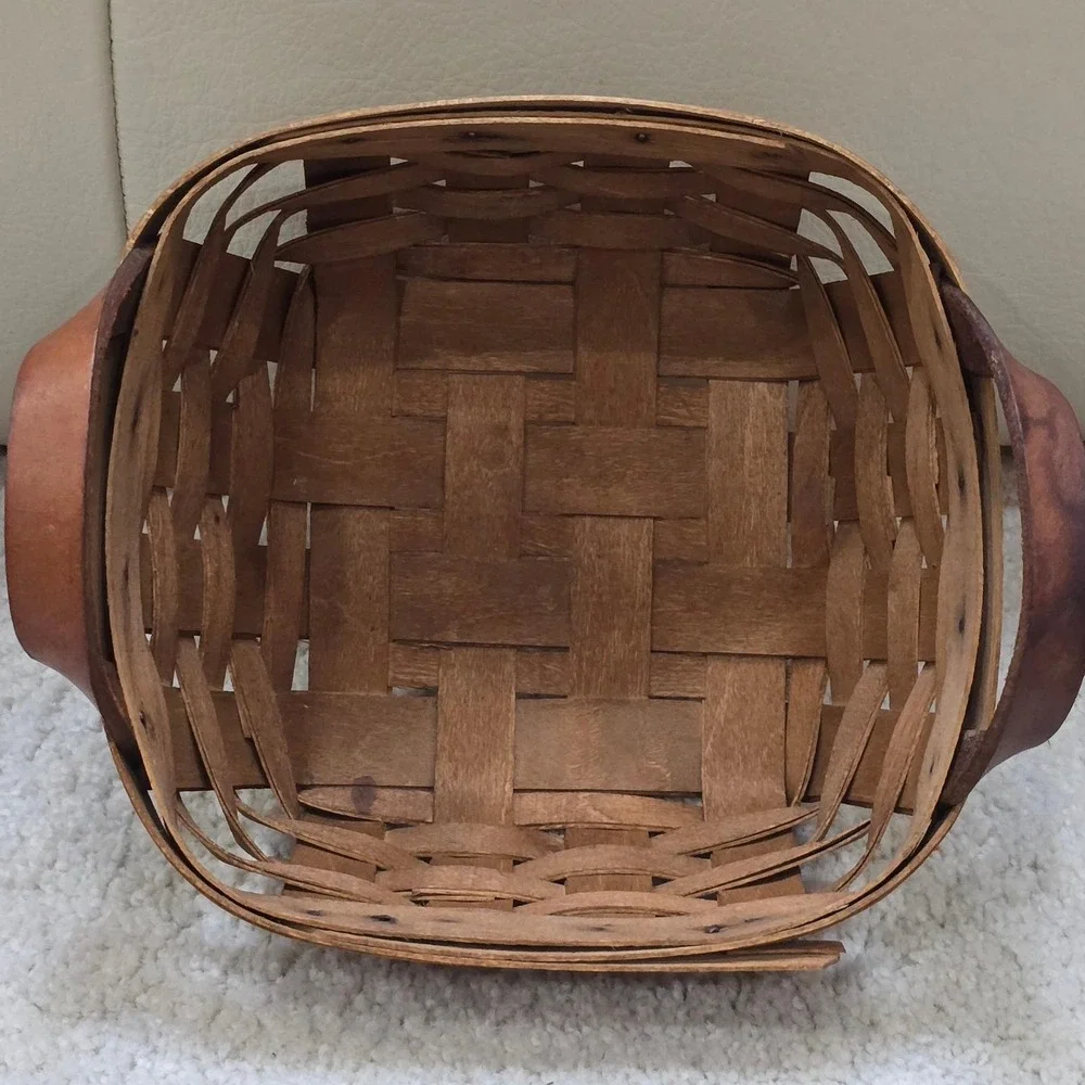 Woven Wood Basket‎ with Leather Handles Rustic Farmhouse Decor Square Vintage